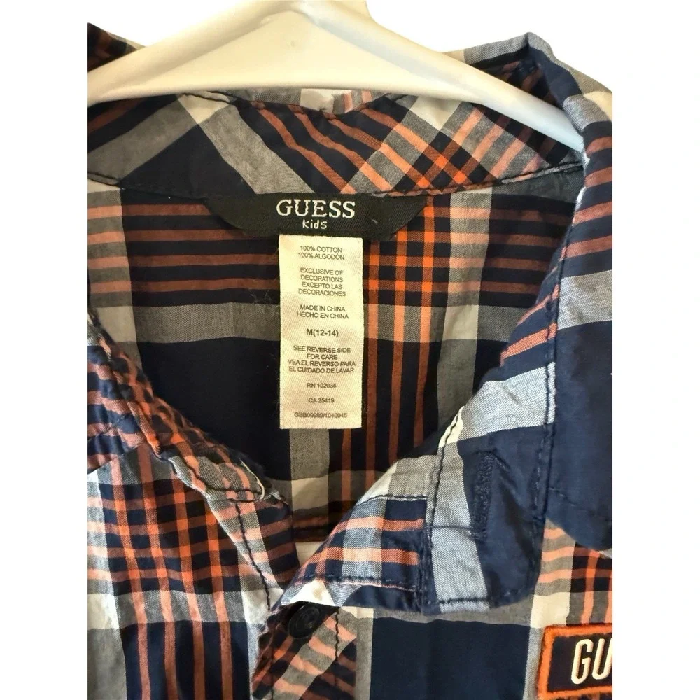 Guess Boys Navy Rust Plaid Flannel Shirt‎ M 10-12 Streetwear Prep Logo Patch